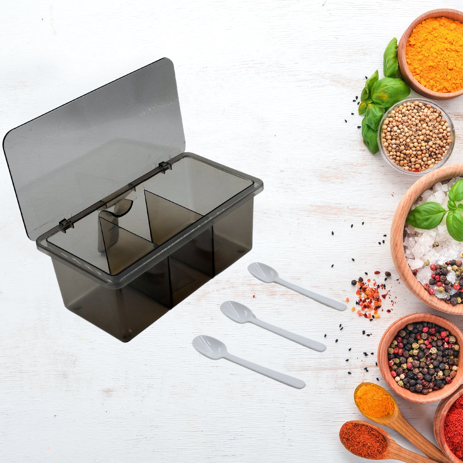 0149 Seasoning Box, Portable Durable 3 Divided Sections with Lid Spice Box Serving Set, for Bars, Restaurants Coffee Shops, Hotels 0149 Seasoning Box, Portable Durable 3 Divided Sections with Lid Spice Box Serving Set, for Bars, Restaurants Coffee Shops, Hotels